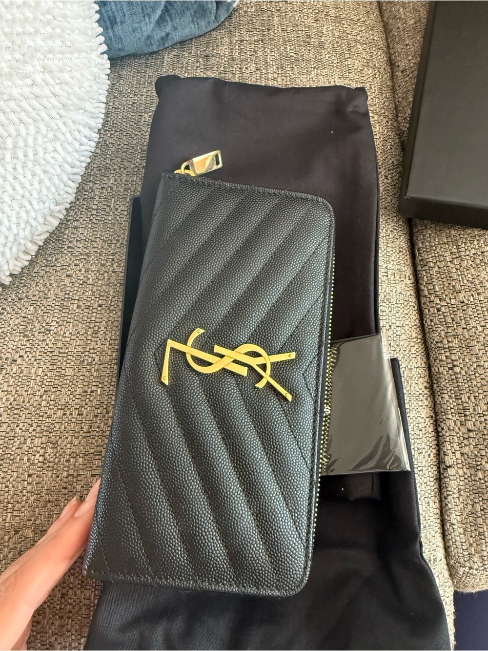 Saint Laurent Black Quilted Leather Zip Wallet with Gold YSL Accent